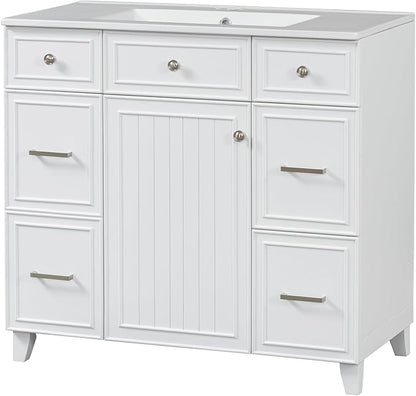 Favfurish 36" Bathroom Vanity with Ceramic Sink,Undermount Single Basin Bath Vanity Set w/Soft Closing Door and 3 Drawers,Modern Freestanding Storage Cabinet,Solid Wood Frame,White