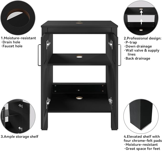 YOURLITE Bathroom Vanity with Sink, 24" Black Bathroom Vanity Sink Combo with Black White Ceramic Basin Faucet & Pop Up Drain Set
