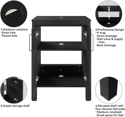 YOURLITE Bathroom Vanity with Sink, 24" Black Bathroom Vanity Sink Combo with Black White Ceramic Basin Faucet & Pop Up Drain Set