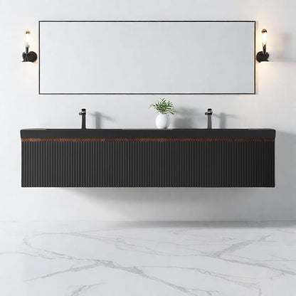 Wall Mounted Bathroom Sink Vanity, Modern 72" Floating Vanity with 2 Resin Top Basins and 2 U-Shaped Soft-Close Storage Drawers, Striped Bathroom Storage Cabinet with Invisible Handle, Black