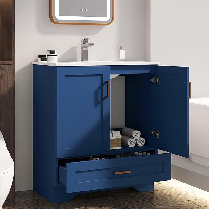 30 inch Bathroom Vanity with Sink, Modern Blue Vanity for Bathroom with Undermount Ceramic Sink, Freestanding 2-Door & 1-Drawer Storage Cabinet, for Small Bathroom Space, (Blue, 30")