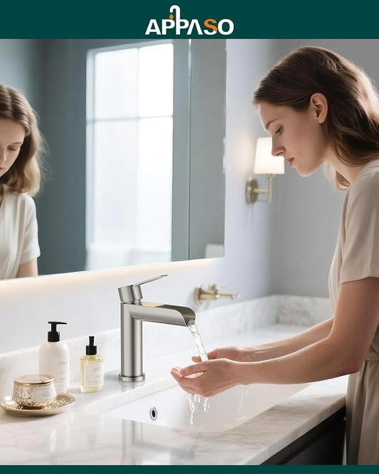 APPASO Brushed Nickel Bathroom Faucet 1 Hole, Single Handle Stainless Steel Sink Faucet with Pop-Up Drain and Deck Plate, Easy Installation Single Hole Waterfall Faucets for Bathroom Vanity Laundry