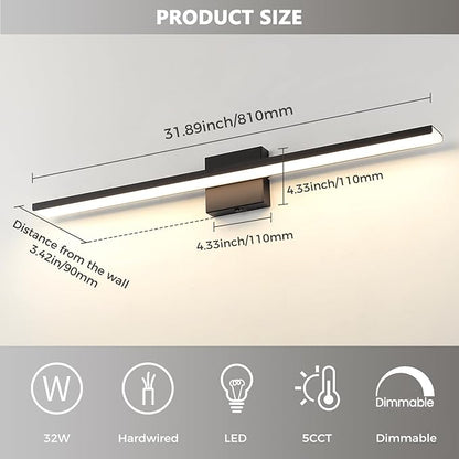 JUSHENG Black Vanity Lights for Bathroom 5CCT Dimmable Bathroom Vanity Light Fixtures LED Vanity Light Bar 31.5'' Inch 32W ETL Certificated
