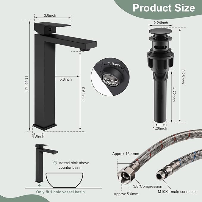 Matte Black Bathroom Faucet Single Handle 1 Hole Tall Bathroom Vessel Sink Faucet, 304 Stainless Steel Modern Vanity Faucet Basin Mixer Tap with Water Supply Hose and Pop Up Sink Drain