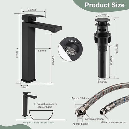 Matte Black Bathroom Faucet Single Handle 1 Hole Tall Bathroom Vessel Sink Faucet, 304 Stainless Steel Modern Vanity Faucet Basin Mixer Tap with Water Supply Hose and Pop Up Sink Drain