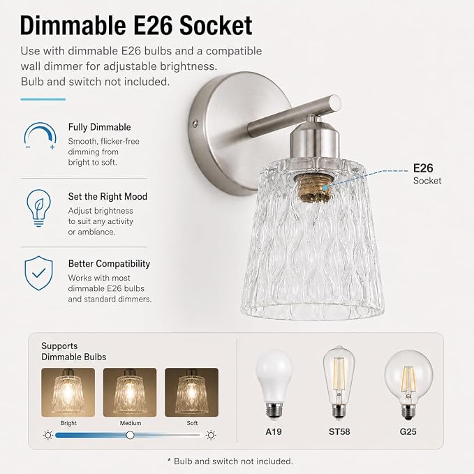 Brushed Nickel Bathroom Light Fixtures, 1-Light Modern Vanity Wall Sconce, 2-Pack, Textured Glass Shades, Stainless Steel Construction, E26 Sockets (Bulbs Not Included)