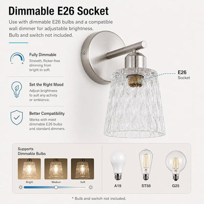 Brushed Nickel Bathroom Light Fixtures, 1-Light Modern Vanity Wall Sconce, 2-Pack, Textured Glass Shades, Stainless Steel Construction, E26 Sockets (Bulbs Not Included)