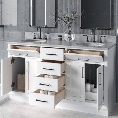 ARIEL Hepburn 60-inch Bathroom Vanity with Sink,Solid Wood, 0.75-inch Italian Carrara Marble Countertop & Backsplash, Double Oval Porcelain Sink, 4 Soft Closing Doors, 6 Dovetail Drawers, White