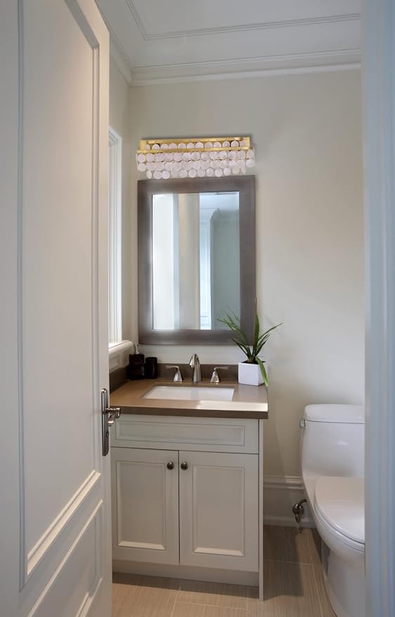 TOCHIC 3 Lights Vanity Light with Natural Capiz Shell Shade, Brushed Gold Bathroom Dimmable Vanity Light, Modern Wall Lighting Fixture for Mirror Cabinets, Powder Room, Bedroom, Living Room, 23”W