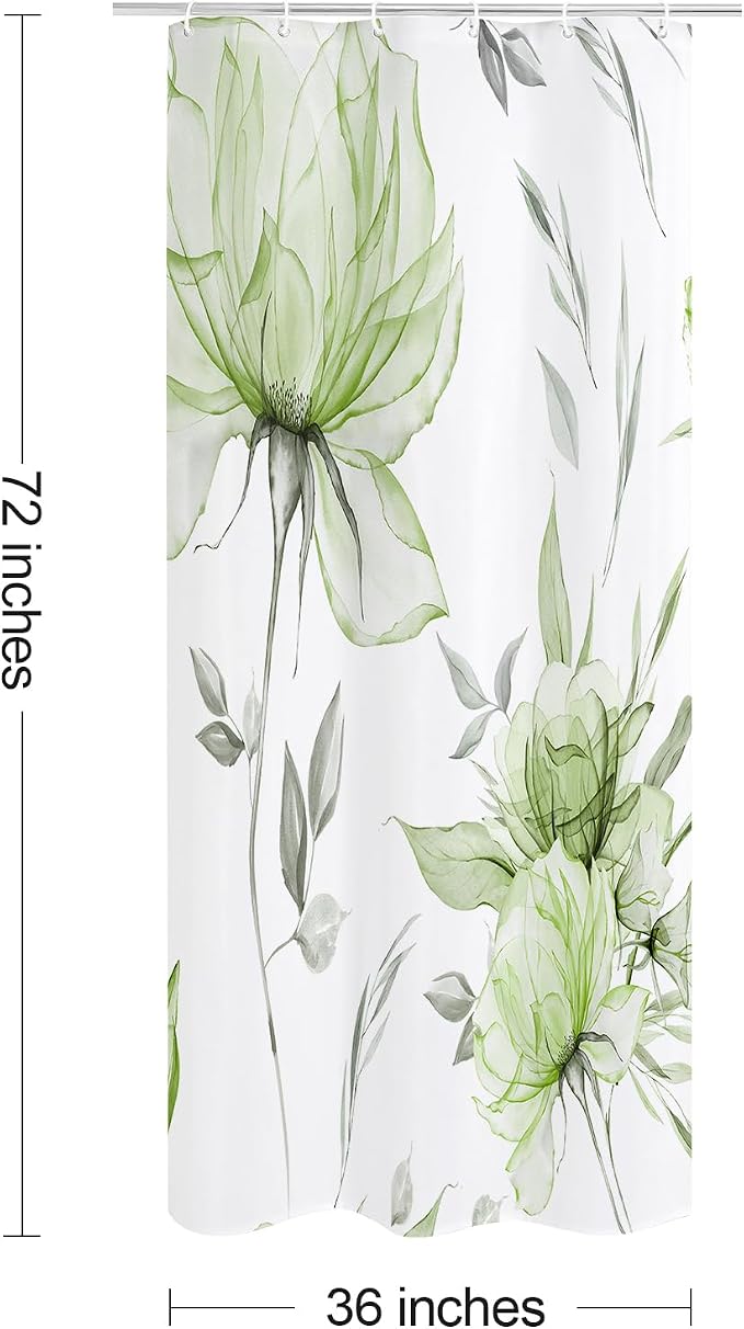 Sage Green Boho Floral Shower Curtain, Watercolor Botanical Design, 36 x 72 | Boho Floral Design, Watercolor Ink Painting Style, Botanical Flowers & Leaves, Elegant Bathroom Accent, Fabric Cloth Curtain