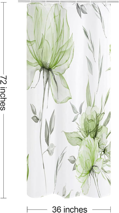 Sage Green Boho Floral Shower Curtain, Watercolor Botanical Design, 36 x 72 | Boho Floral Design, Watercolor Ink Painting Style, Botanical Flowers & Leaves, Elegant Bathroom Accent, Fabric Cloth Curtain
