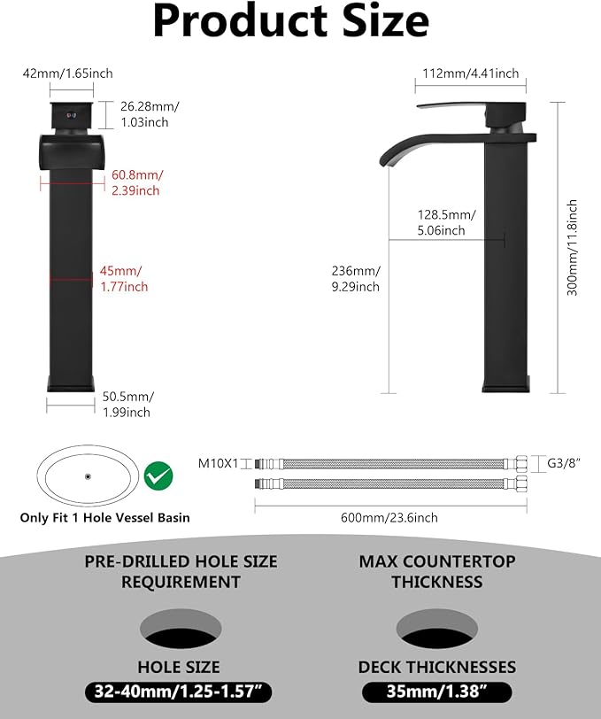 Vessel Sink Faucet Waterfall Tall Bathroom Faucet Single Handle,Single Hole Lavatory Vanity Mixer Tap with Pop Up Drain and Supply Lines,Matte Black