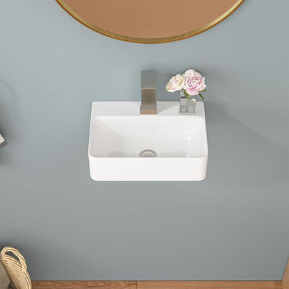 Sarlai Small Wall Mounted Vessel Sink Floating Corner Bathroom Sink | Wall Mount Ceramic Wall hung Pure Glossy White Ceramic Wash Basin 14.5x10x4.2 Inch for Tiny Room