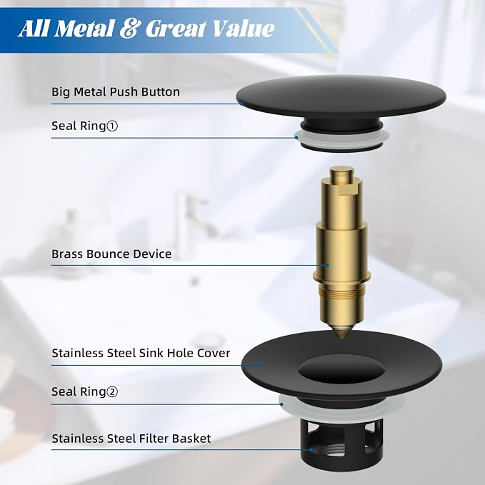 Hibbent 2 Pack All Metal Upgraded Bathroom Sink Stopper, Universal Pop Up Sink Drain Strainer, Brass Bullet Core Push Type Sink Stopper for 1.1''~2.3''' Basin, Anti Clogging Drain Filter, Matte Black