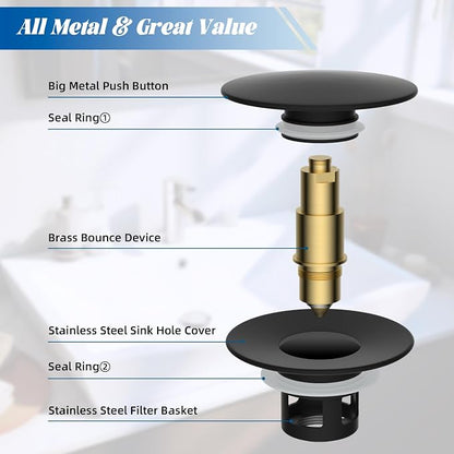 Hibbent 2 Pack All Metal Upgraded Bathroom Sink Stopper, Universal Pop Up Sink Drain Strainer, Brass Bullet Core Push Type Sink Stopper for 1.1''~2.3''' Basin, Anti Clogging Drain Filter, Matte Black