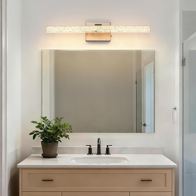 24 Inch LED Vanity Lights for Bathroom, 5CCT Selectable Brushed Nickel Bathroom Light Fixtures Over Mirror, Iceberg Crackle Acrylic Modern Wall Sconce, Dimmable Slim Bar for Mirror Cabinet
