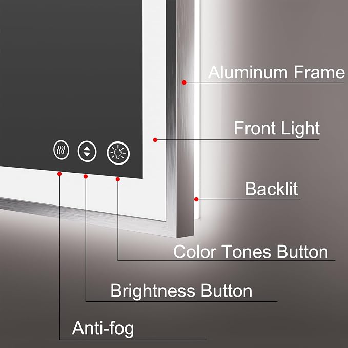 60x28 Inch LED Bathroom Mirror with Silver Frame | Silver Metal Frame, Front and Backlit, 3 Colors, Dimmable, Memory, Anti Fog, Tempered Glass, Lighted Mirror for Wall