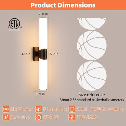 22" Black Bathroom Vanity Lights, Wall Sconce with Acrylic Shade | Modern Wall Light for Bathroom Bedroom Living Room Hallway