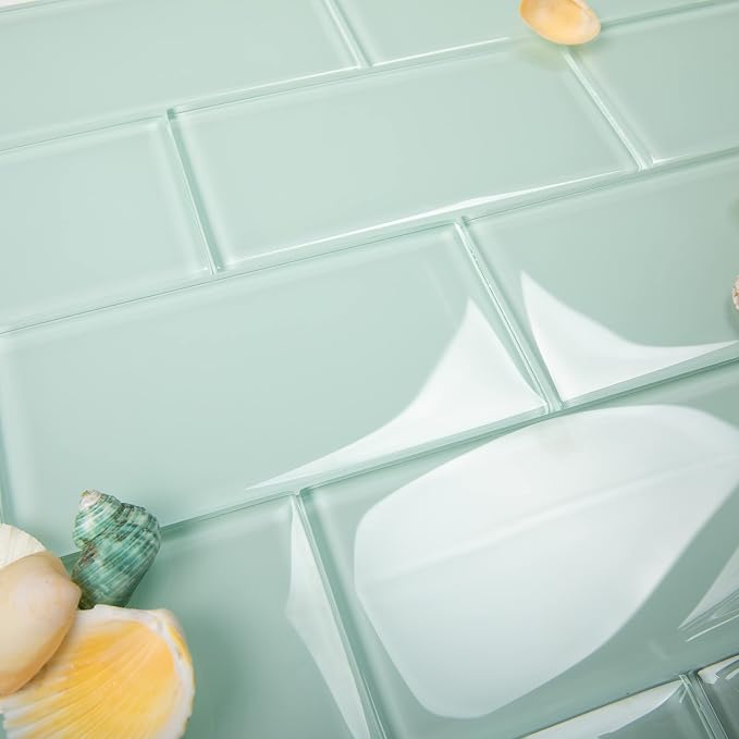Light Green Glass Subway Tile, Glass for Bathroom Kitchen Shower Backsplash Wall, 3 x 6 Inches, 4 Sq.Ft.
