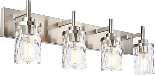 Bathroom Vanity Lighting Fixtures 4 Lights,Brushed Nickel Bathroom Vanity Lights with Clear Hammered Shade Wall Sconce Lighting Modern Farmhouse Bath Lighting