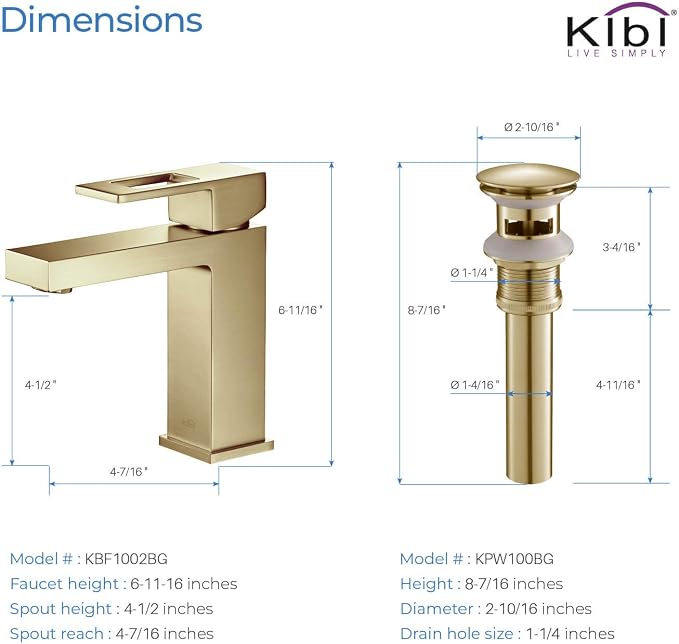 Solid Brass Single Handle Bathroom Sink Faucet with Pop-Up Drain, High Arc Cubic Spout Lavatory Faucet in Brushed Gold | Corrosion-Resistant, Modern Design (Brushed Gold, KBF1002)