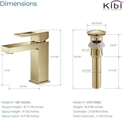 Solid Brass Single Handle Bathroom Sink Faucet with Pop-Up Drain, High Arc Cubic Spout Lavatory Faucet in Brushed Gold | Corrosion-Resistant, Modern Design (Brushed Gold, KBF1002)