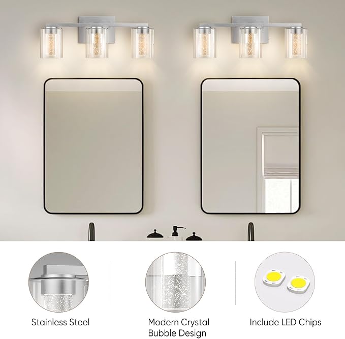 LED Modern Bathroom Light Fixtures Over Mirror, 3-Light Brushed Nickel Vanity Lights with 5 Color Modes, Dimmable Bathroom Vanity Light with Crystal Bubble Glass, 2700K-6500K Adjustable, ETL