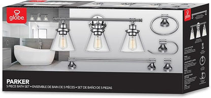 Globe Electric 51234 5-Piece All-in-One Bathroom Set, Chrome, 23" 3-Light Vanity Wall Light with Clear Glass Shades, Towel Bar and Ring, Robe Hook, Toilet Paper Holder, Beauty Room Accessories