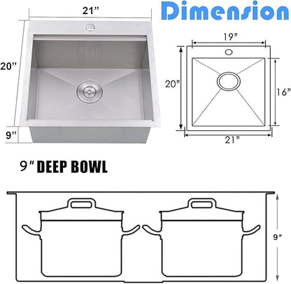 KINGO HOME Drop in Bar Sink,20 x 21 Inch Single Bowl Small Kitchen Sinks,304 Stainless Steel Topmount Wet Bar Prep Sink With Grid&Drainer&Cutting Board