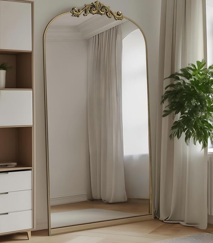 Dewfig Arched Full Length Mirror, 71"x32" Floor Mirror with Carved, Bronze | Antique Full Body Mirror, HD Shatterproof Tempered Glass, Lean/Stand/Wall for Bedroom, Living Room, Cloakroom, Home Decor