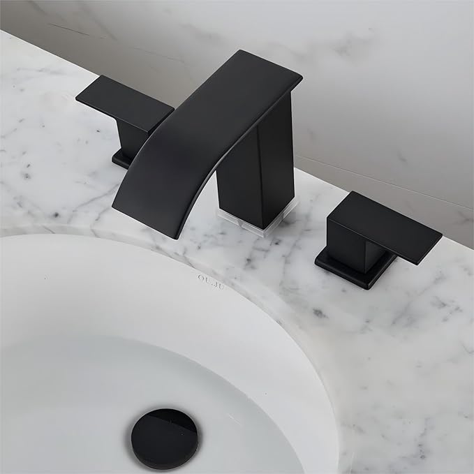 Bathroom faucets 3 Hole Widespread Modern Bathroom Sink Faucet 8 inch Matte Black Bathroom 3 Hole LED Light Waterfall Vanity Faucet Sink with Pop Up Drain (Matte Black)