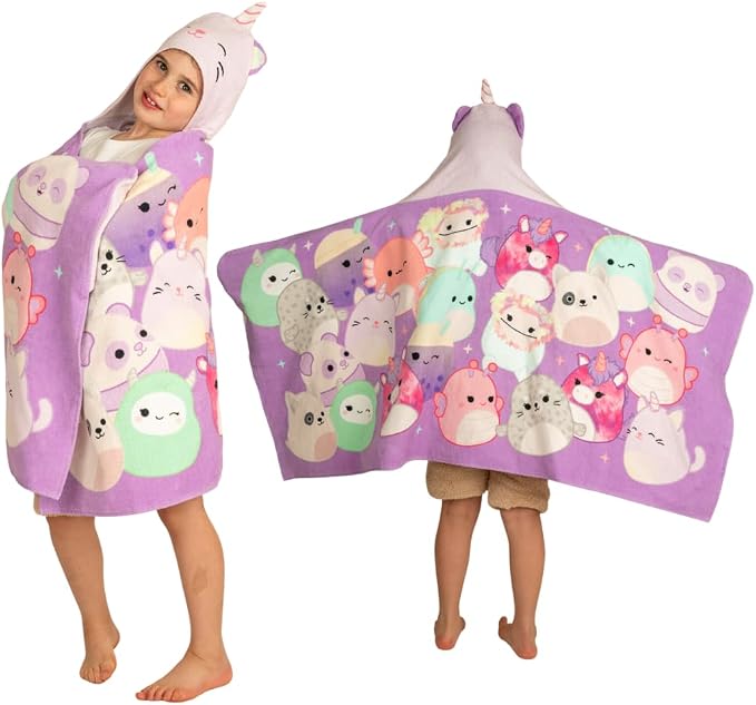 Squishmallows Kids Super Soft Bath/Pool/Beach Soft Cotton Terry Hooded Towel Wrap, 24 in x 50 in, (Officially Licensed Product) By Franco