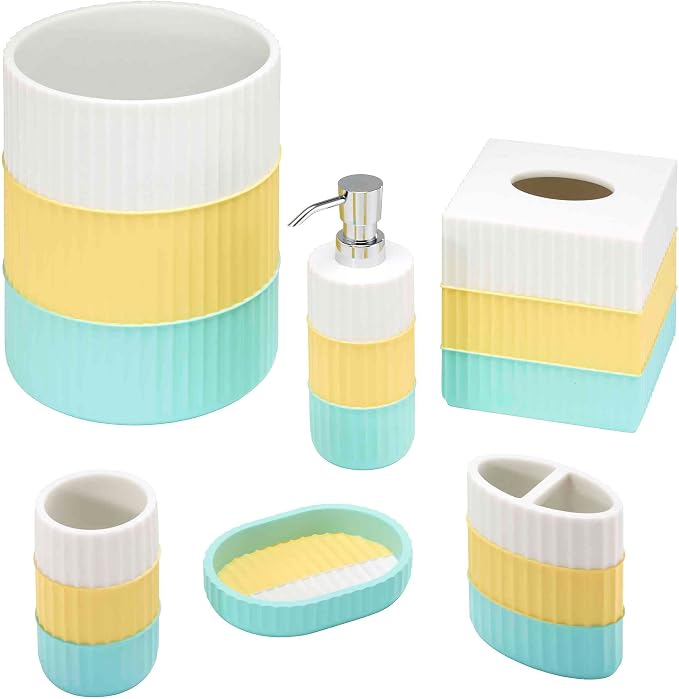 IZOD - Bathroom Set, 4pc Countertop Accessories, Tumbler, Toothbrush Holder, Soap Dish & Lotion Pump, Striped Resin Decor, Dorm Room Essentials (Clubhouse Collection, Aqua)