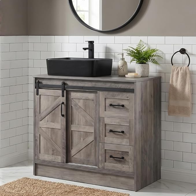 36" Farmhouse Bathroom Vanity with Sink, Bathroom Storage Cabinet w/Sliding Barn Doors & Drawers, Freestanding Vanity w/Black Ceramic Vessel Sink Combo Set
