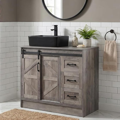 36" Farmhouse Bathroom Vanity with Sink, Bathroom Storage Cabinet w/Sliding Barn Doors & Drawers, Freestanding Vanity w/Black Ceramic Vessel Sink Combo Set