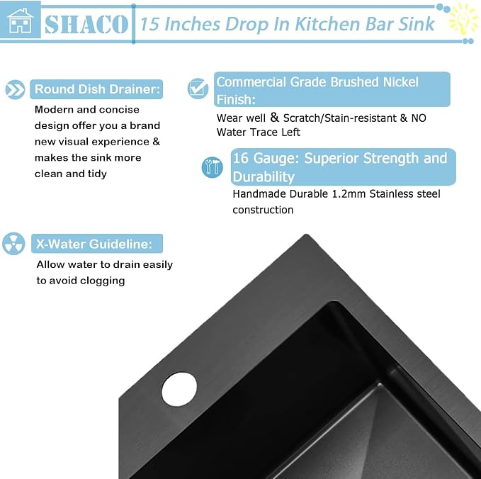15x15 Drop In Black Bar Sink, 15 Inch Stainless Steel Top Mount Gunmetal Black 16 Gauge Single Bowl Small Kitchen Outdoor RV Sink with Strainer Drain