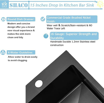 15x15 Drop In Black Bar Sink, 15 Inch Stainless Steel Top Mount Gunmetal Black 16 Gauge Single Bowl Small Kitchen Outdoor RV Sink with Strainer Drain