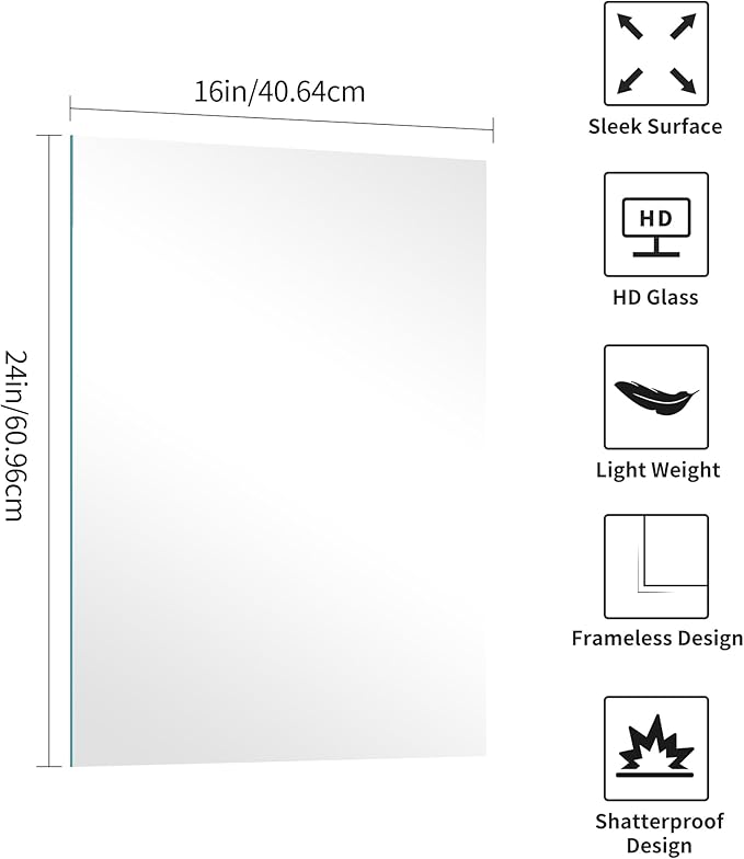 KOCUUY Frameless Mirror, 16"x24" Bathroom Mirror for Over Sink, 16 Inch Unframed Mirrors for Wall Upgraded Shatterproof Design, Modern Decorative for Bedroom, Living Room, Entryway