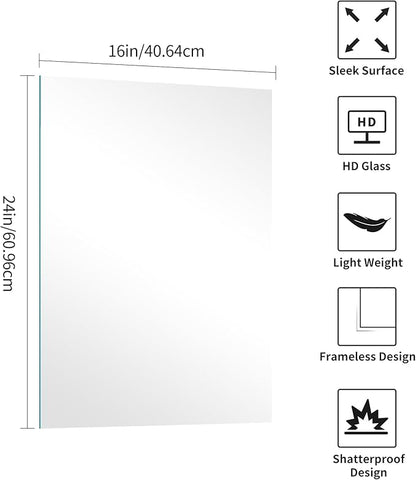 KOCUUY Frameless Mirror, 16"x24" Bathroom Mirror for Over Sink, 16 Inch Unframed Mirrors for Wall Upgraded Shatterproof Design, Modern Decorative for Bedroom, Living Room, Entryway
