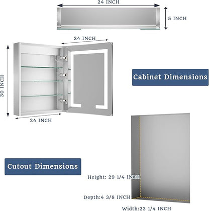 ExBrite LED Lighted Bathroom Medicine Cabinet with Mirror, 24 x 30 Inch, Recessed or Surface Mount, Anti-Fog, Stepless Dimming, Color Temperature Adjustment, 2 Outlets, Storage Shelves, Right Hinge