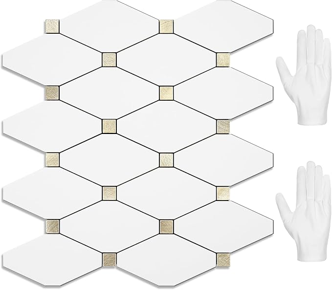 STICKGOO 10 Sheets Peel and Stick Backsplash, Pure White | PVC Mixed Metal Gold Kitchen Backsplash, Waterproof, Self Adhesive Wall Tiles for Kitchen, Bathroom, Vanities