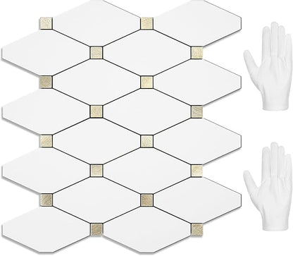 STICKGOO 10 Sheets Peel and Stick Backsplash, Pure White | PVC Mixed Metal Gold Kitchen Backsplash, Waterproof, Self Adhesive Wall Tiles for Kitchen, Bathroom, Vanities