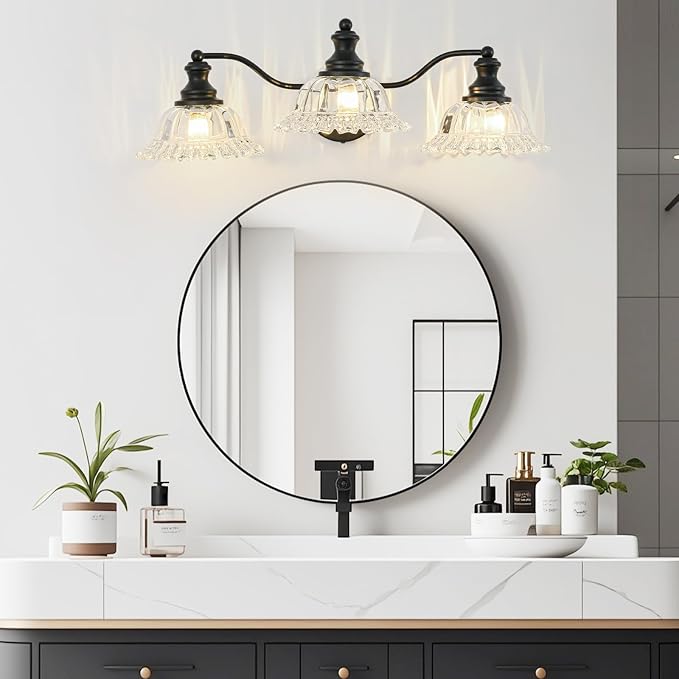 Black Bathroom Light Fixtures Over Mirror, 3 Light Vintage Bathroom Vanity Light Fixture with Clear Flower Glass Shades, Retro Vanity Lights for Bathroom, Bathroom Vanity Lights Over Mirror