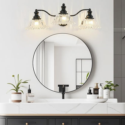 Black Bathroom Light Fixtures Over Mirror, 3 Light Vintage Bathroom Vanity Light Fixture with Clear Flower Glass Shades, Retro Vanity Lights for Bathroom, Bathroom Vanity Lights Over Mirror