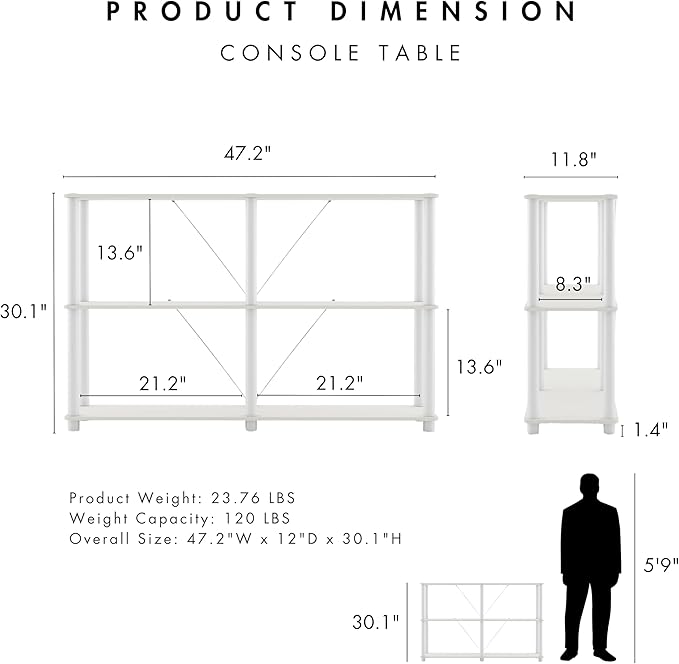 Homes: Inside + Out Apexa Modern 3-Tier Extra Wide Shelving Units, Collectibles Display Shelves, Easy Assembly Console Table, Home Storage Organizer for Living Room, Bedroom, Office, White