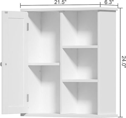 Treocho Bathroom Wall Cabinet, Medicine Cabinet with Door and 3 Open Shelves, Wall Mounted Storage Organizer for Bathroom, Kitchen, Living Room, White