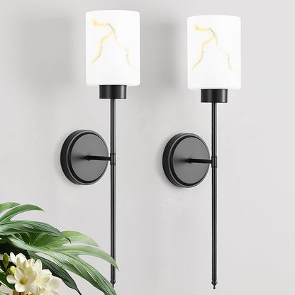 Black Wall Sconces Set of 2 with Marble Glass Shade, Modern Bathroom Vanity Light Fixtures for Bedroom, Hallway, Entryway, Living Room