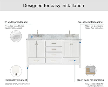ARIEL Cambridge 66-inch Bathroom Vanity with Sink,Solid Wood, 1.5-inch Italian Carrara Marble Countertop & Backsplash, Double Oval Porcelain Sink, 4 Soft Closing Doors, 6 Dovetail Drawers, White