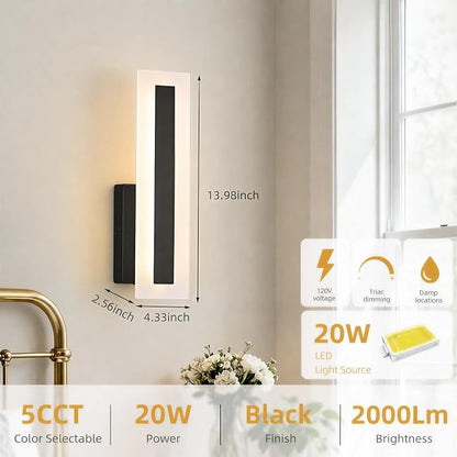 Hardwired Wall Sconces Set of 2 Dimmable Black LED Wall Light | 14Inch Modern Bathroom Vanity Light 3000K 3500K 4000K 5000K 6000K , Indoor Wall Lights for Bedroom, Living Room,Hallway
