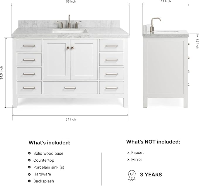 ARIEL Cambridge 54-inch Bathroom Vanity with Sink,Solid Wood, 1.5-inch Italian Carrara Marble Countertop, Single Rectangular Porcelain Sink, 2 Soft Closing Doors, 9 Dovetail Drawers, White